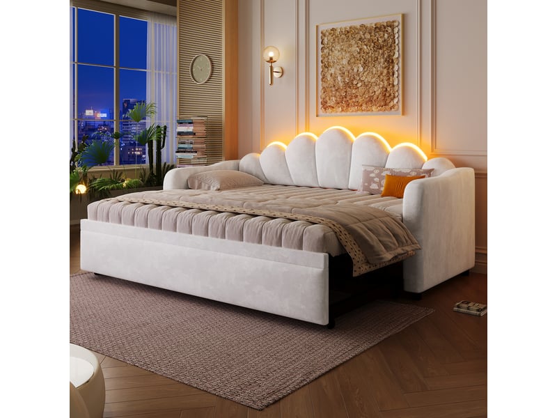  Lit de jour 90x200 cm en velours avec lit gigogne et led blanc chicfurn  - Conforama B