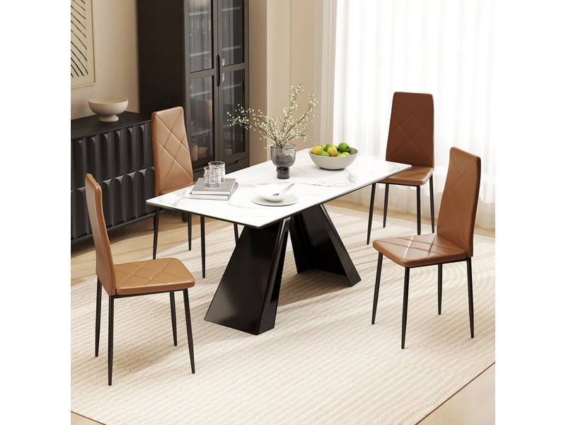  Ensemble de 4 chaises de salle à manger revêtues de similicuir, avec dossier haut et pieds en acier, 41 x 50 x 97 cm, marron  - Conforama C