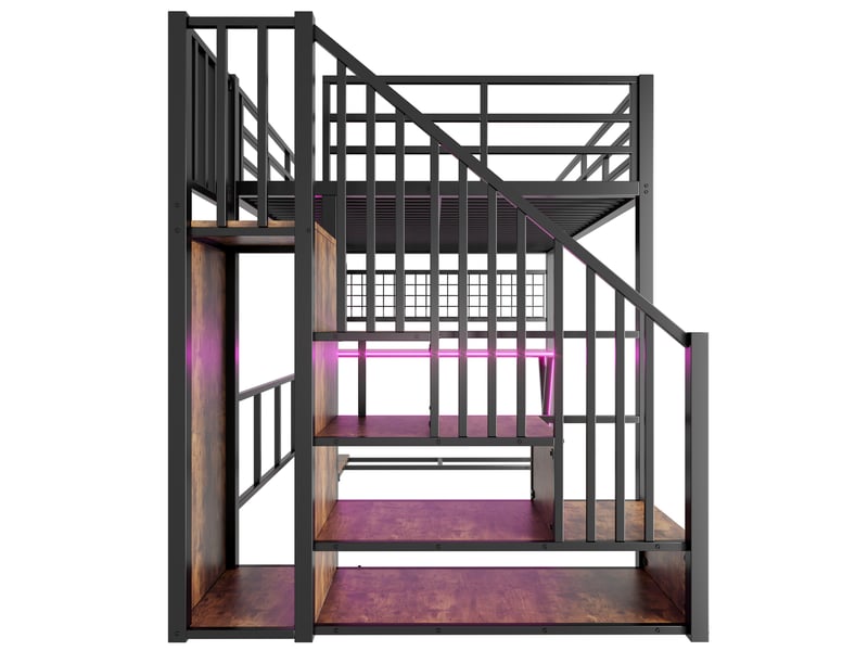  Lit mezzanine 140 x 200 cm avec bureau, armoire et éclairage led, structure métal et mdf, noir  - Conforama W
