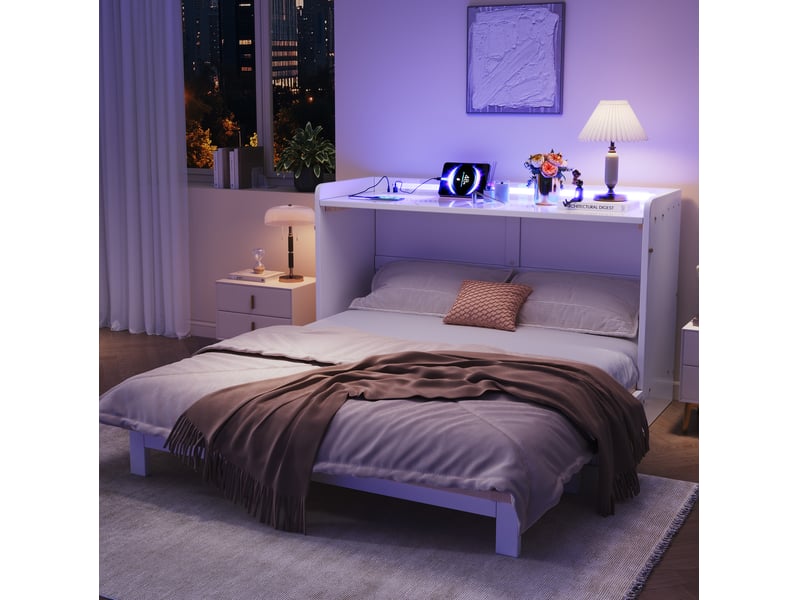 Lit escamotable 140 x 200 cm blanc avec tiroirs, led, usb et prise - Conforama D