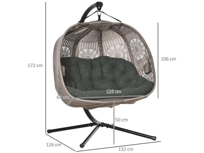  Fauteuil suspendu 2 personnes avec support en acier, pliable, coussin, motif floral, beige sable  - Conforama C