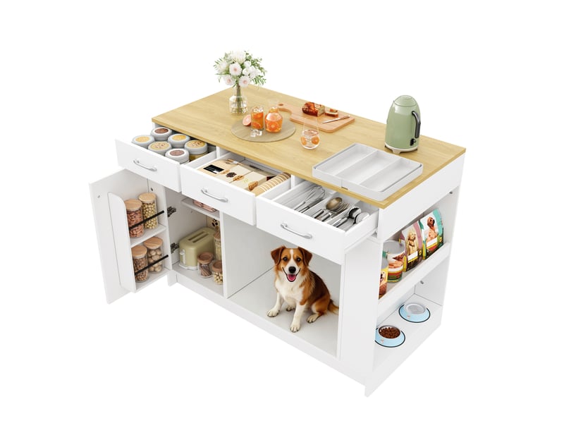  Îlot de cuisine 120x60x90 cm avec 3 tiroirs, 1 range-épices, plateau réglable, mdf, blanc  - Conforama A