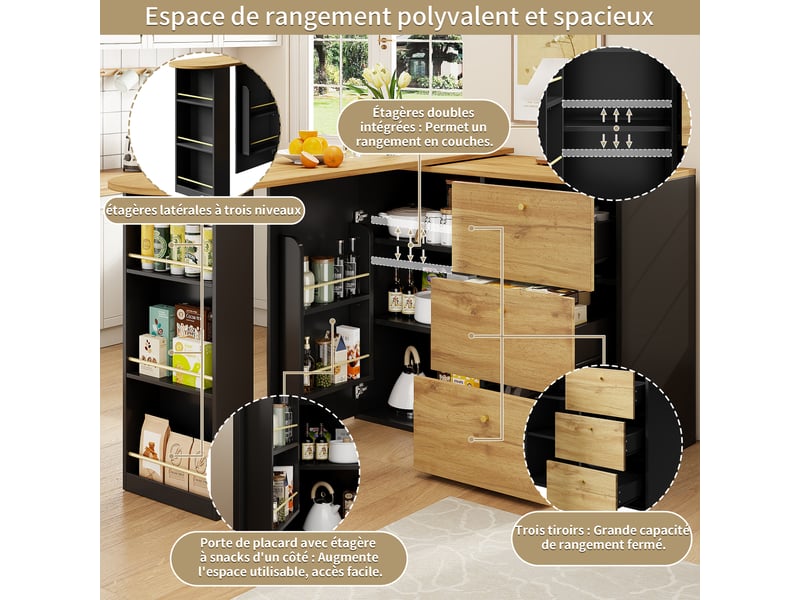  Meuble de cuisine muvano, table de bar extensible avec rangement, pivotante à 360°, noir, 138–204 cm  - Conforama R
