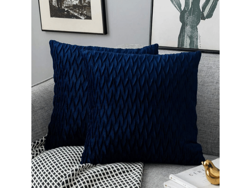  Lot de 2 housses coussin en velours 45 x 45 cm pour salon canapé，housses coussin carrés de motif uni décoration chambre, bleu marin  - Conforama A
