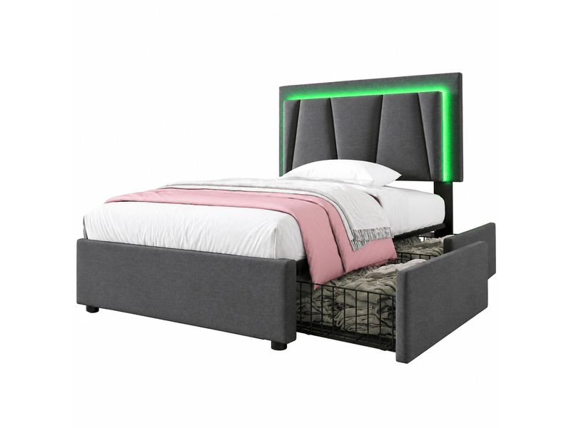 Lit avec tiroirs 90×200 cm en tissu gris, lit simple avec 2 tiroirs, led et tête réglable, matelas inclus - Conforama A