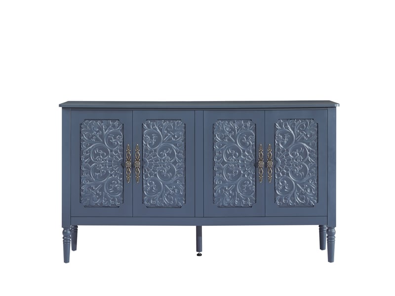  Buffet et enfilade avec portes sculptées, poignées métal et bords arrondis, pour salon, bleu marine, 160 × 40 × 89 cm  - Conforama A