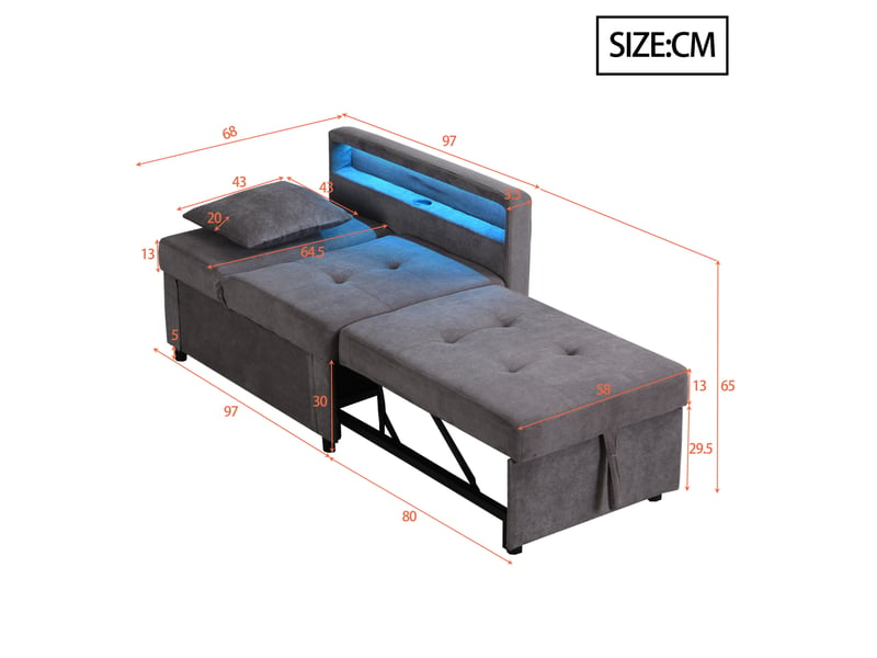 Canapé-lit 3-en-1 gris foncé en tissu de lin avec led, usb et type-c - Conforama E