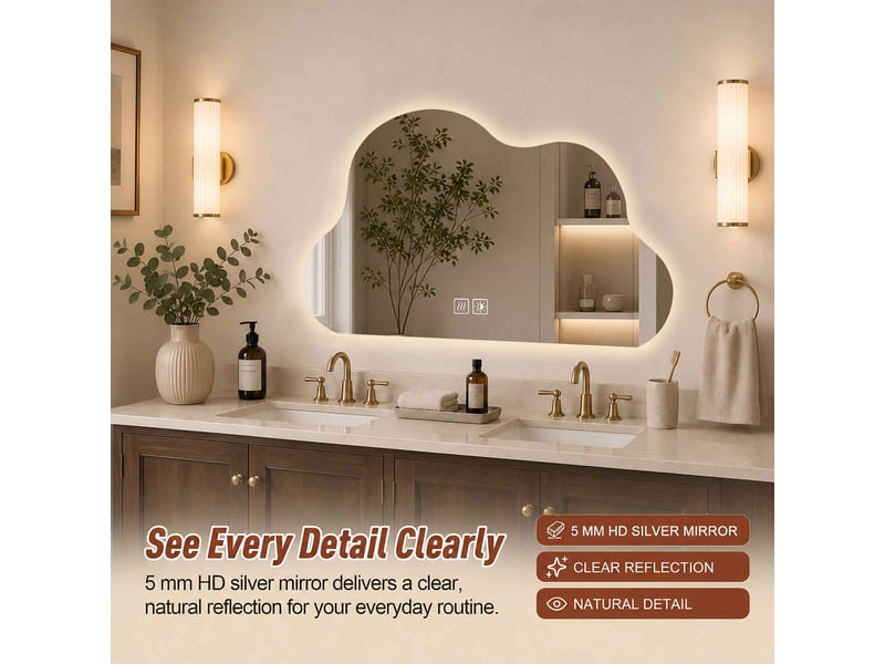  Miroir led 70 x 50 cm blanc en verre forme nuage sans cadre tactile antibuée 3 couleurs pour salle de bain  - Conforama D