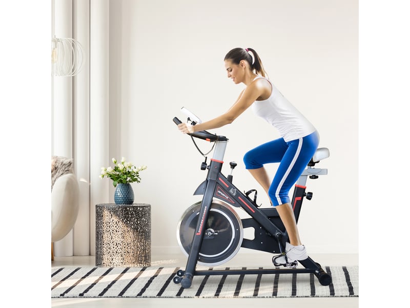 Vélo d'appartement avec volant d'inertie de 8 kg, écran lcd, moniteur de fréquence cardiaque, selle et guidon réglables, 103 x 48 x 115 cm, noir - Conforama D