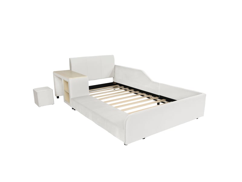  Lit enfant 90x200 cm en velours blanc avec bureau, tabouret et étagère  - Conforama E