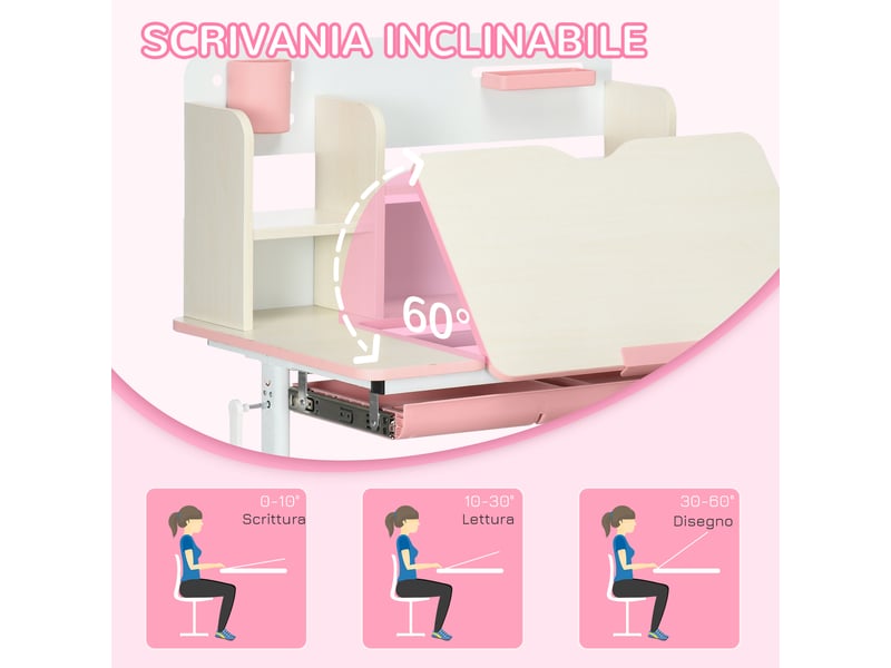 Bureau enfant avec chaise réglable rose, plateau inclinable et rangement, 3 à 12 ans - Conforama W