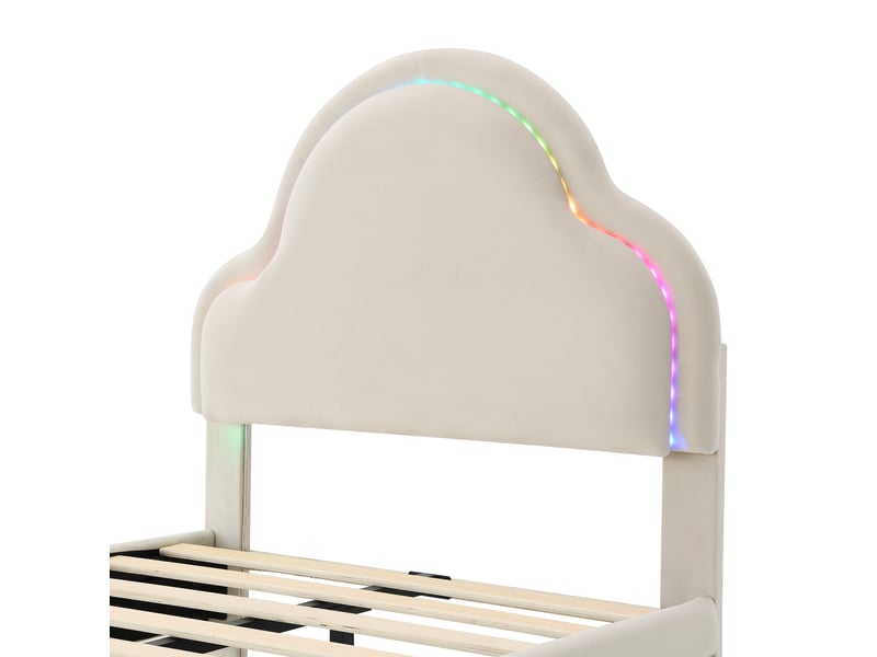  Lit enfant 90x200 cm, lit capitonné en forme de nuage avec led et lattes bois en velours beige  - Conforama D