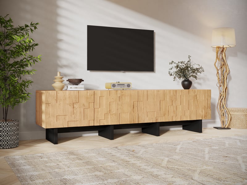  Meuble tv 180 cm pour écran 75 pouces, 4 portes gaufrées, 4 rangements, bois naturel  - Conforama C