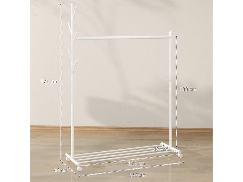  Portant à vêtements à roulettes, 5 crochets, tringle et étagère inférieure pour entrée, 120 x 43 x 171 cm, blanc  - Conforama E
