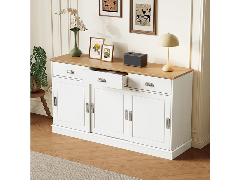 Buffet avec 3 tiroirs et 3 portes coulissantes, buffet salon blanc, 140x40x77 cm - Conforama W