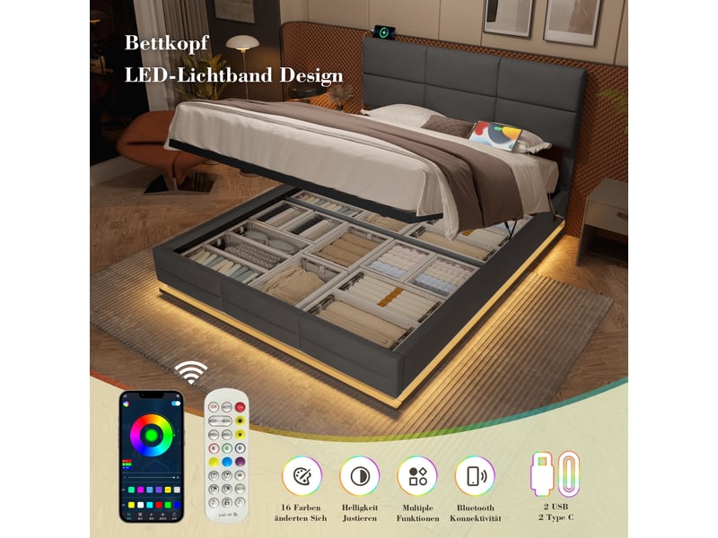  Lit coffre 180x200 cm, lit double, rangement hydraulique, led, usb et usb-c, velours gris foncé, tête de lit réglable  - Conforama E