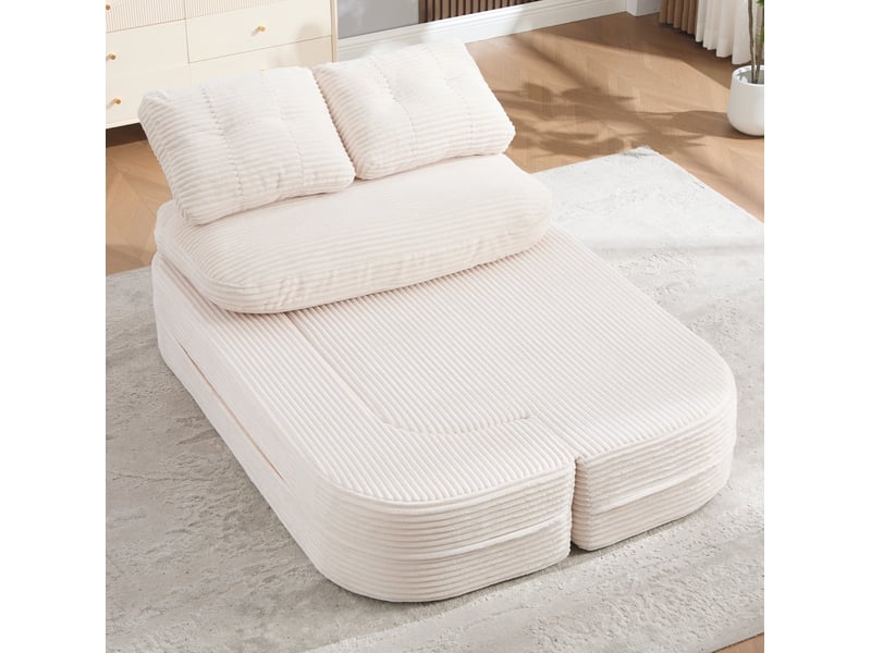  Canapé convertible 2 places avec accoudoirs amovibles, porte-gobelets et poches latérales en velours côtelé beige  - Conforama D
