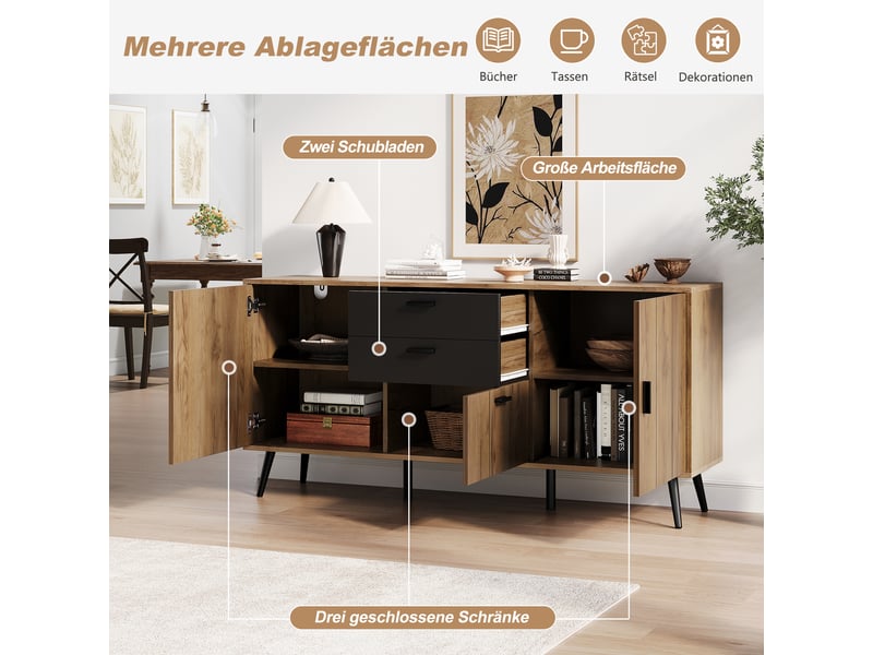  Buffet bas moderne 140x35x67 cm avec grand plateau, commode de rangement avec 2 tiroirs, 3 portes, salon, salle à manger, cuisine, noir et effet bois Seren Glow - Conforama E