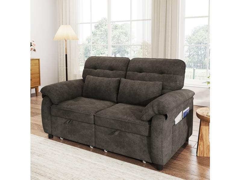  Canapé droit convertible 142x90x86,5cm 2 places, dossier ajustable, structure en bois et métal, tissu chenille, gris  - Conforama D