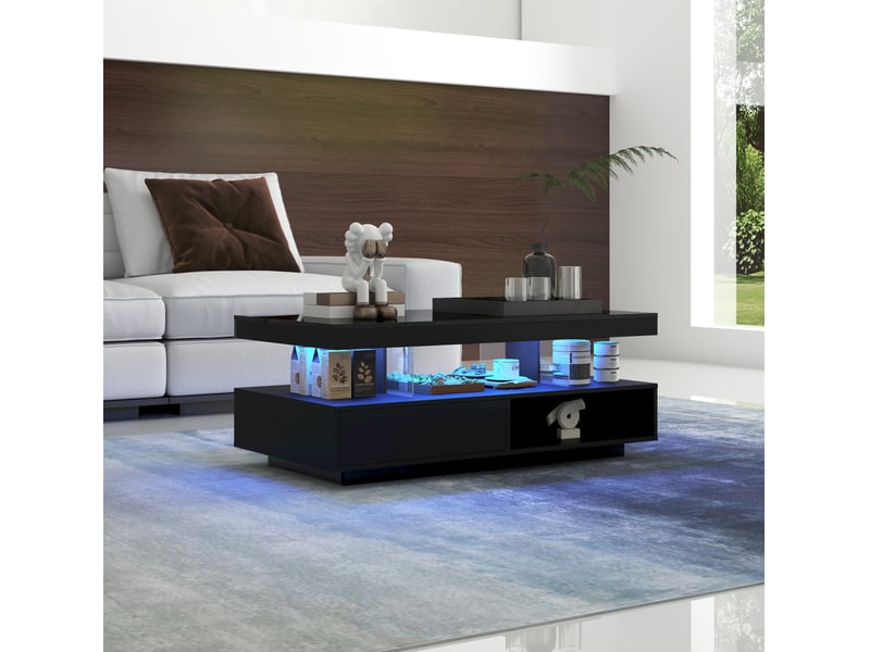 Table basse led avec 2 tiroirs, 2 niches et 4 inserts en verre, plateau brillant pour salon, noir, 95 × 50 × 42,5 cm - Conforama B