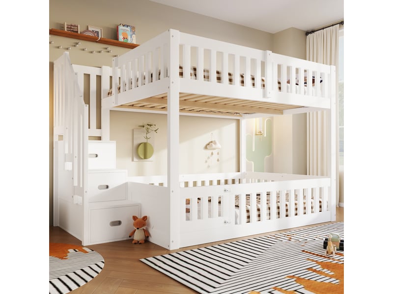 Lit superposé bas enfant 140 x 200 cm, 2 couchages, échelle 3 marches avec rangement, barrières de sécurité intégrales, sommiers à lattes, pin, blanc ABC - Conforama E