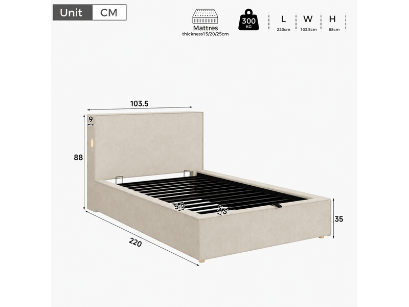  Lit simple enfant coffre 90x200 cm beige chenille, sommier à lattes inclus, ouverture hydraulique  - Conforama C