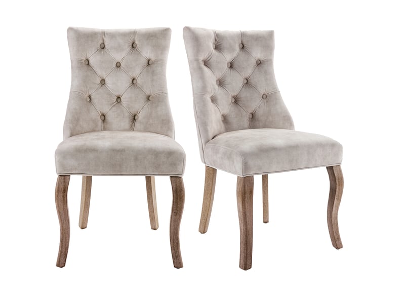  Chaise de salle à manger - lot de 2 chaises capitonnées avec dossier à boutons et pieds en bois massif, velours beige clair, 51×47×97 cm  - Conforama A