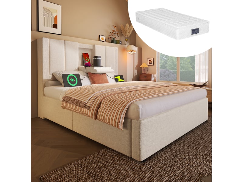  Modenvie lit coffre 90x200 cm - avec rangement, ports usb-c et porte-gobelet, matelas inclus - beige  - Conforama B