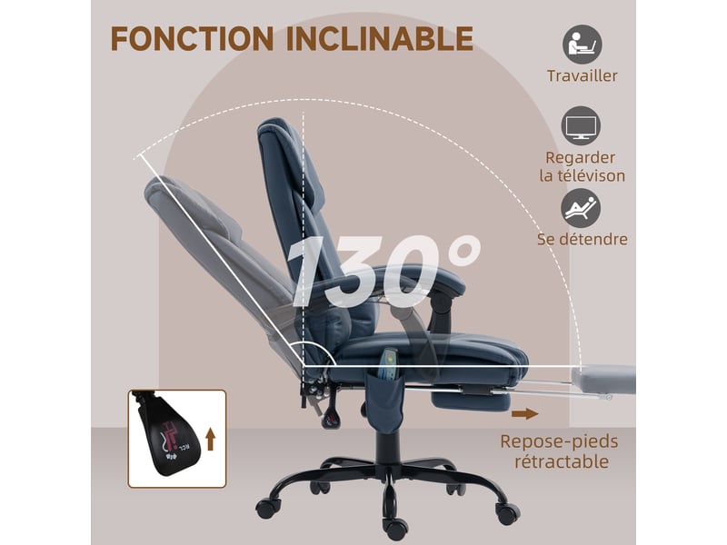  Fauteuil de bureau massant bleu, dossier inclinable jusqu'à 130° avec repose-pieds extensible  - Conforama R