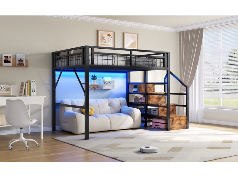  Lit mezzanine enfant 140 x 200 cm avec escalier de rangement et éclairage led, garde-corps, sommier à lattes inclus, métal, noir Morn Vibe - Conforama C