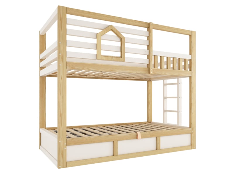  Lit superposé cabane 90x200 cm - blanc naturel, barres de sécurité, échelle droite, rangement hydraulique, sans matelas  - Conforama A