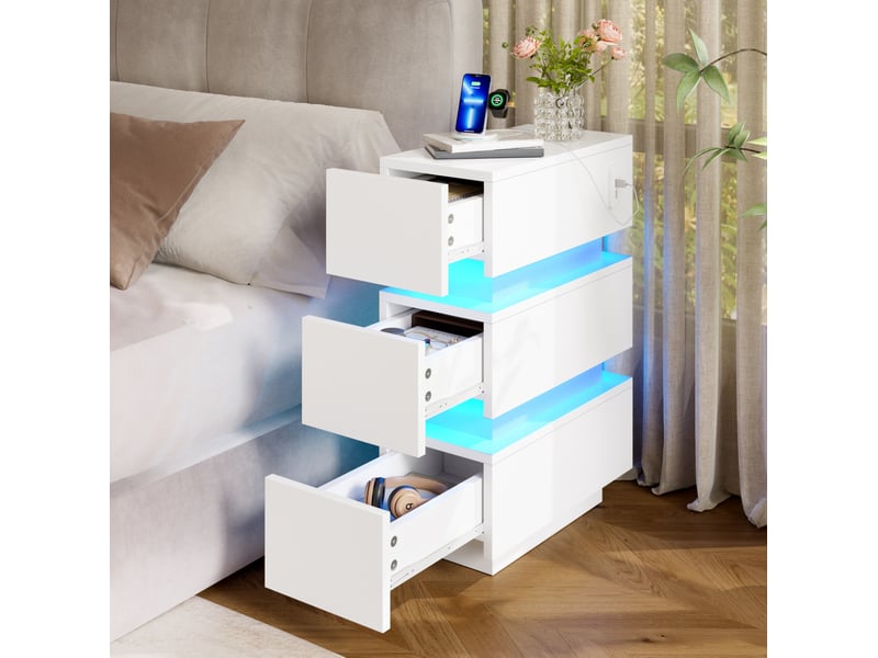  Tables de chevet modenvie étroites lot de 2 avec 3 tiroirs, led, usb et type-c, 20 x 40 x 59,5 cm, blanc  - Conforama D
