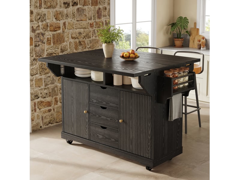  Desserte de cuisine 142,5x80x95 cm, avec 2 portes, 3 tiroirs, roulettes verrouillables et plateau extensible pliable, en mdf noir  - Conforama D