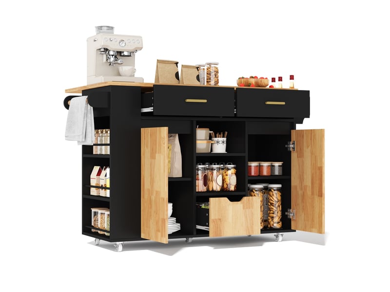  Îlot de cuisine mobile 120x71x90 cm avec plateau rabattable, mdf noir et bois naturel  - Conforama A