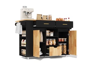 Îlot de cuisine mobile 120x71x90 cm avec plateau rabattable, mdf noir et bois naturel