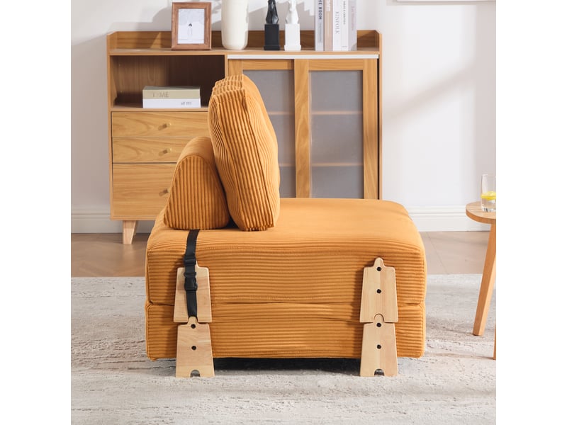Fauteuil convertible lit single design scandinave cord orange structure bois clair 90x86x84 cm - Conforama E