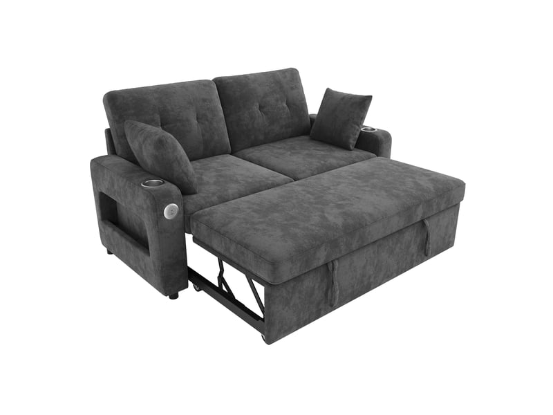 Canapé-lit 2 places lora gris avec led, usbtype-c, porte-gobelet, rangement accoudoir et 2 coussins - Conforama E