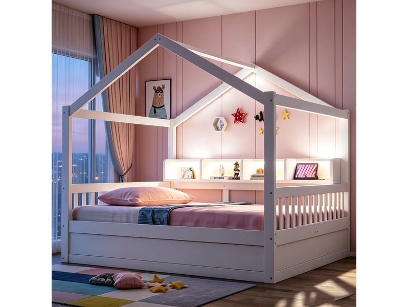  Lit coffre 140x200 cm avec rangement hydraulique, toit, éclairage led et prises, bois et mdf, blanc, sans matelas  - Conforama B