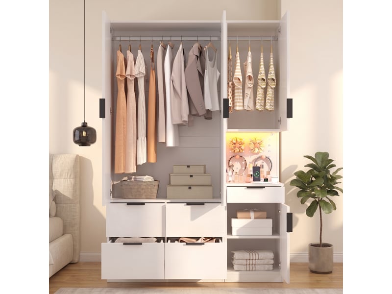  Armoire de chambre blanche 135x50x200 cm avec éclairage led, prise intégrée, 4 portes et 5 tiroirs en mdf  - Conforama D