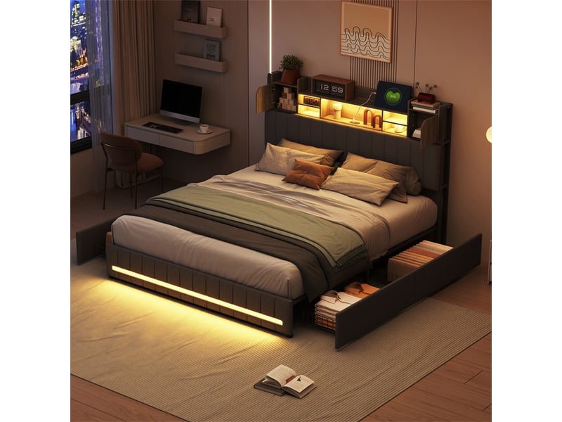 Lit 140x190cm - lit double 140x190cm - lit avec tête de lit de rangement led rgb, station de charge et 2 tiroirs - gris  - Conforama D