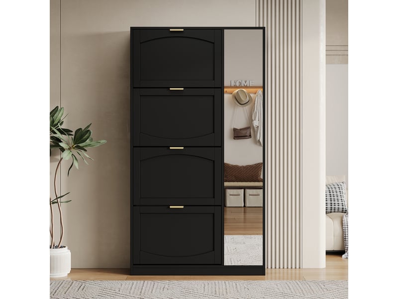  Meuble à chaussures avec 4 abattants et portes miroir - étagères réglables, rangement d’entrée, panneaux de particules noir  - Conforama C