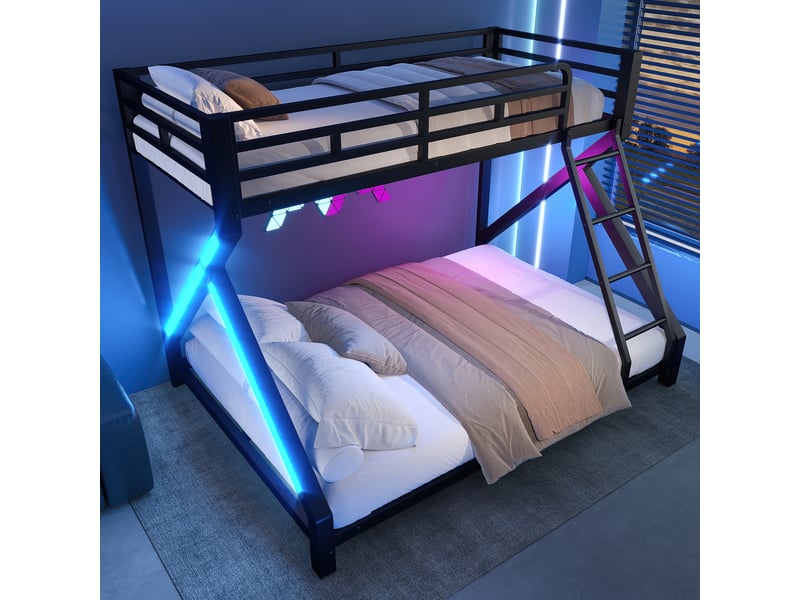  Lit superposé 90x200 et 140x200 cm en métal noir avec led, barrière de sécurité et échelle, pour enfants.  - Conforama C