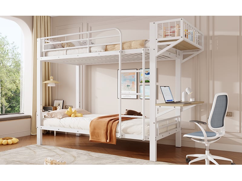 Lit superposé 90 × 200 cm, bureau et niche réversibles, échelle et garde-corps, structure en métal et mdf, blanc - Conforama B