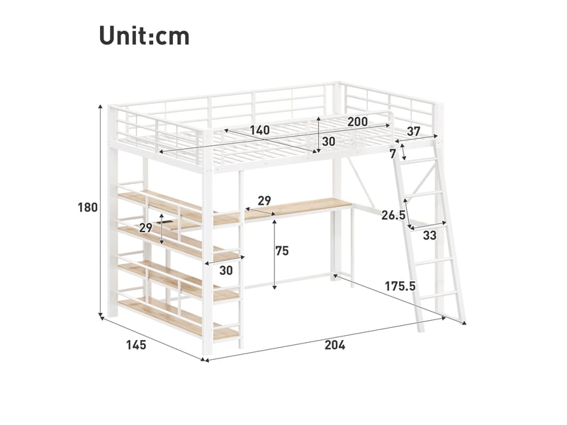 Lit mezzanine métal 140x200 cm avec bureau, rangements, led et usb blanc - Conforama C