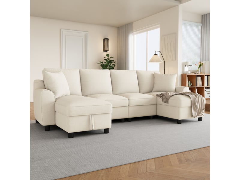  Canapé d'angle, canapé convertible – 2 places, en chenille, 280 × 137 × 84 cm, beige, avec méridienne, avec rangement  - Conforama W