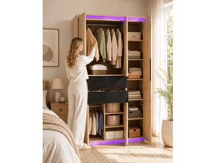 Armoire de chambre avec miroir et led, 4 tiroirs, 2 penderies, 110x47x200 cm, mdf, chêne et anthracite