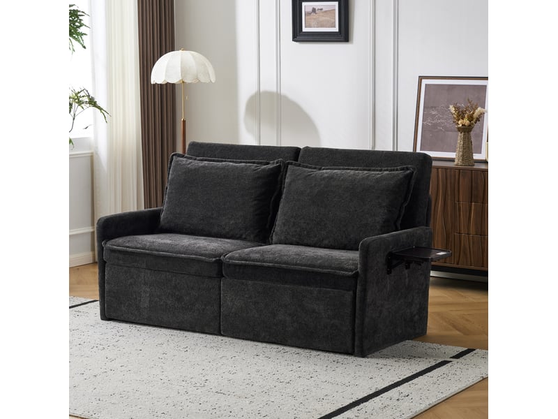  Canapé droit convertible 2 places en tissu noir avec usb, dossier réglable 5 positions et poches latérales  - Conforama B