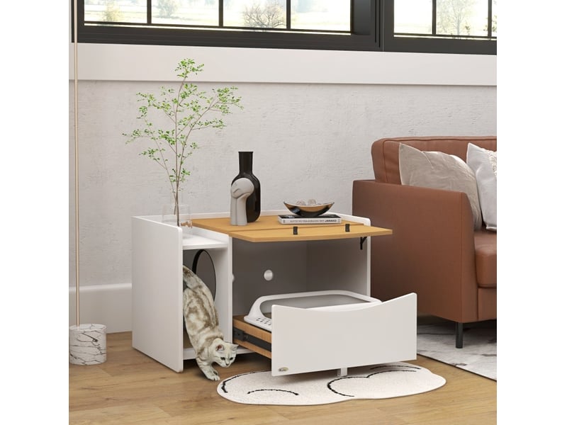 Meuble litière féline 78x50x51 cm – chêne et blanc – bac coulissant, tapis récupérateur et rangement - Conforama B