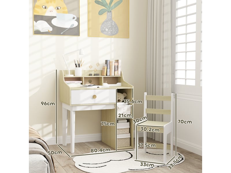  Bureau enfant avec chaise blanc et bois 80,4 x 50 x 96 cm avec rangement et tiroir  - Conforama E