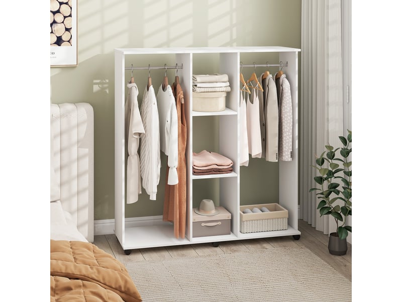 Armoire penderie meuble de rangement mobile 6 roulettes 120 x 40 x 128 cm en bois blanc  - Conforama C